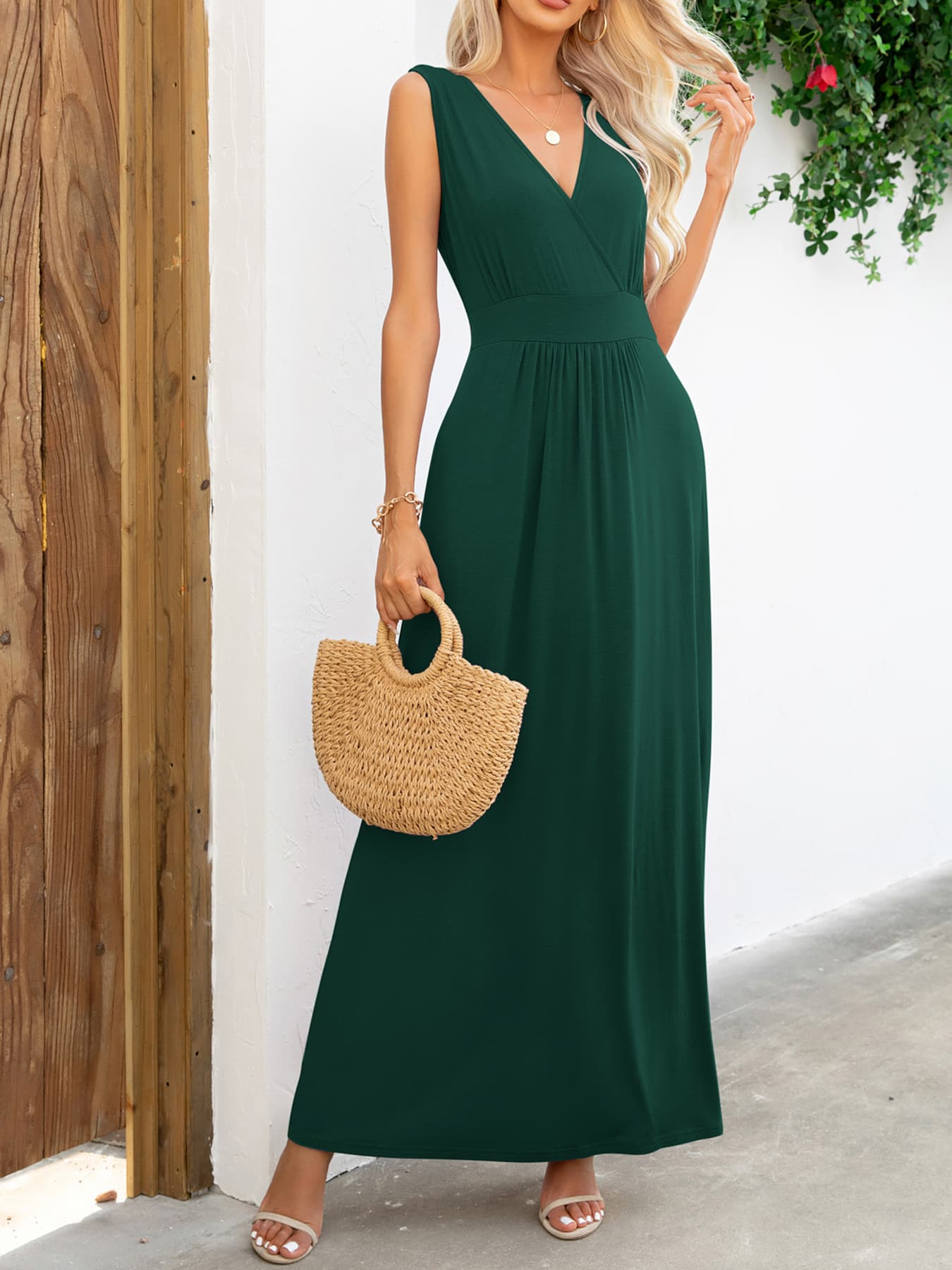 surplice neck sleeveless maxi dress