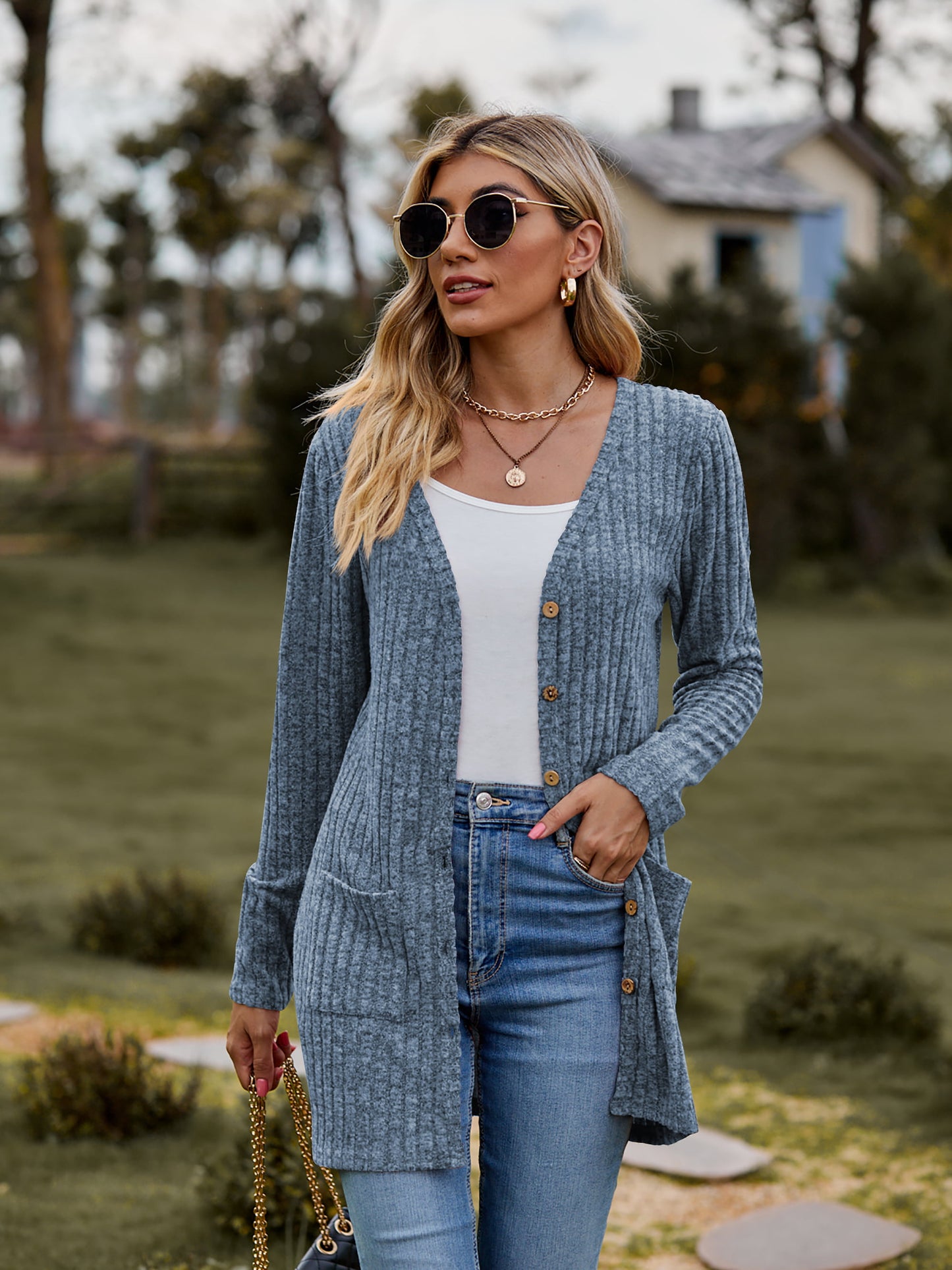 ribbed button-up cardigan with pockets