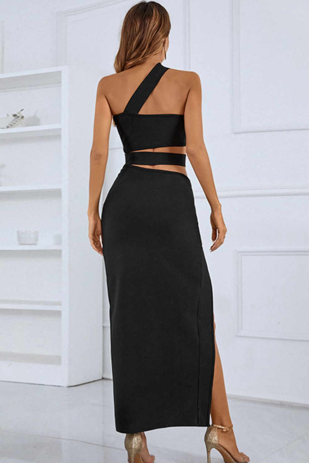 one-shoulder cutout front split maxi dress