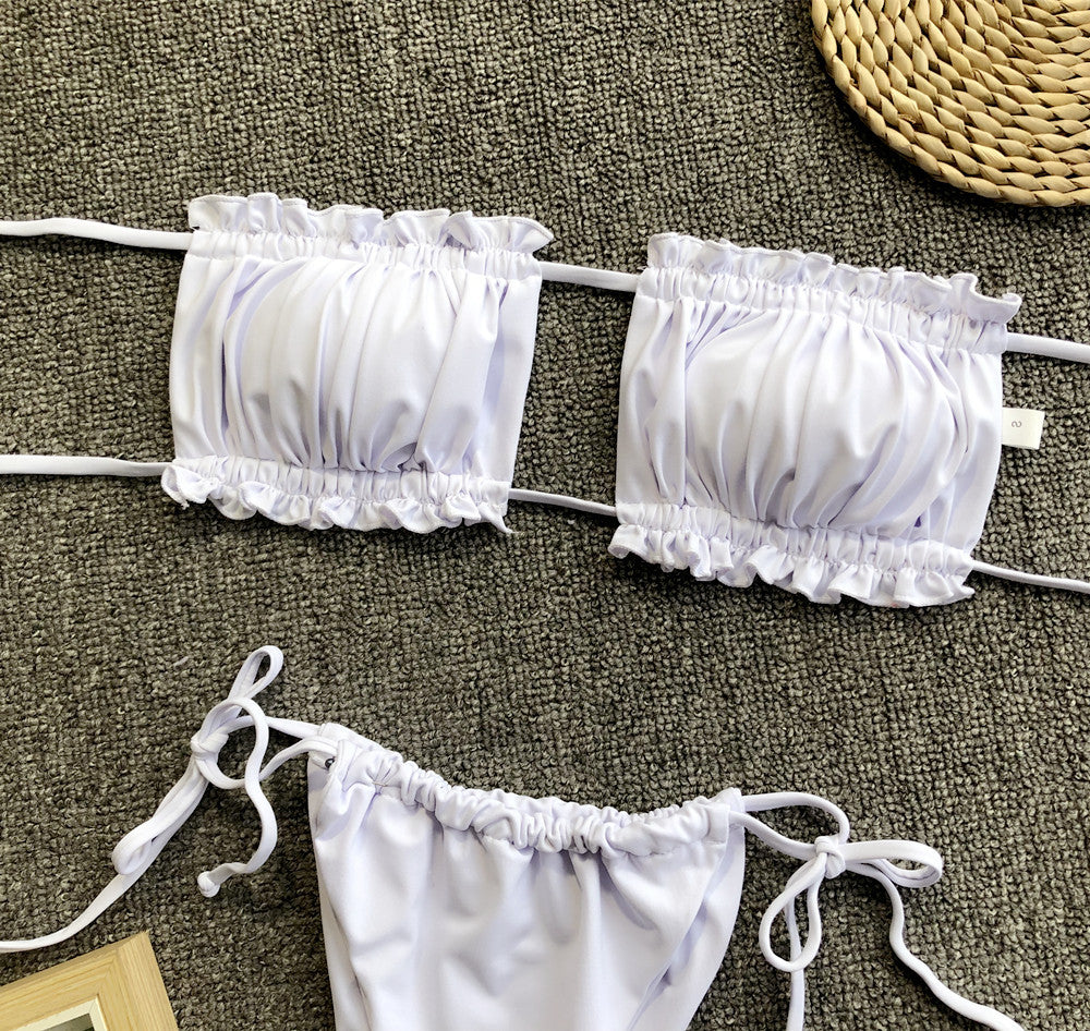 frill trim ruched bikini set