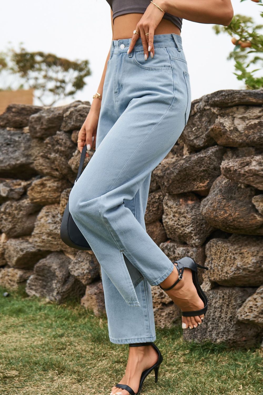 high waist loose fit ankle slit jeans