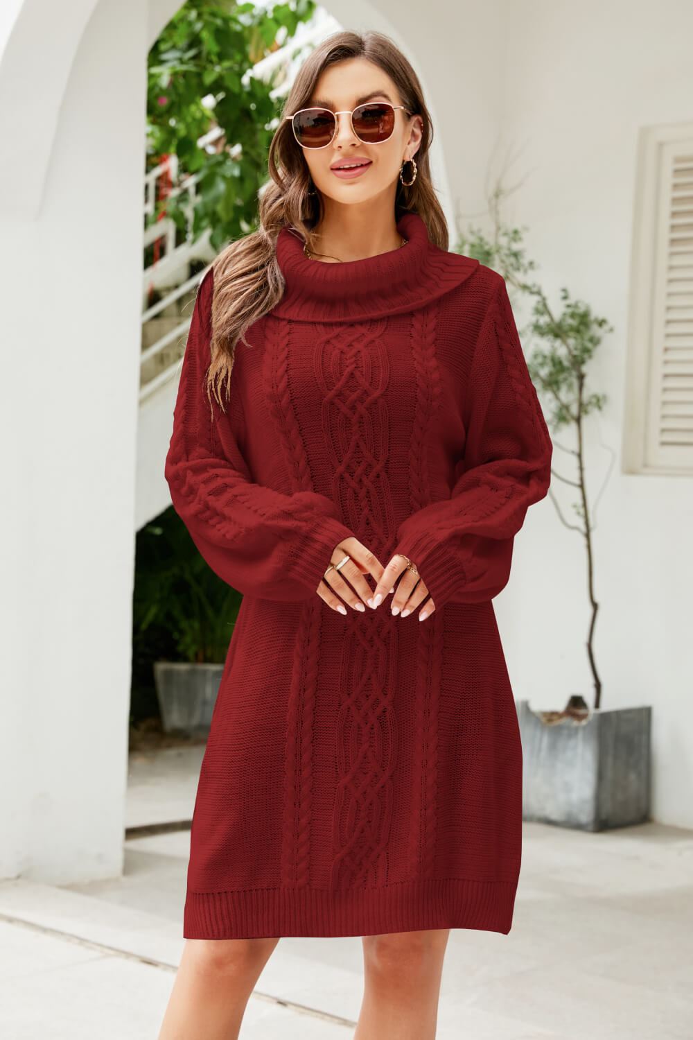 woven right mixed knit turtleneck lantern sleeve sweater dress