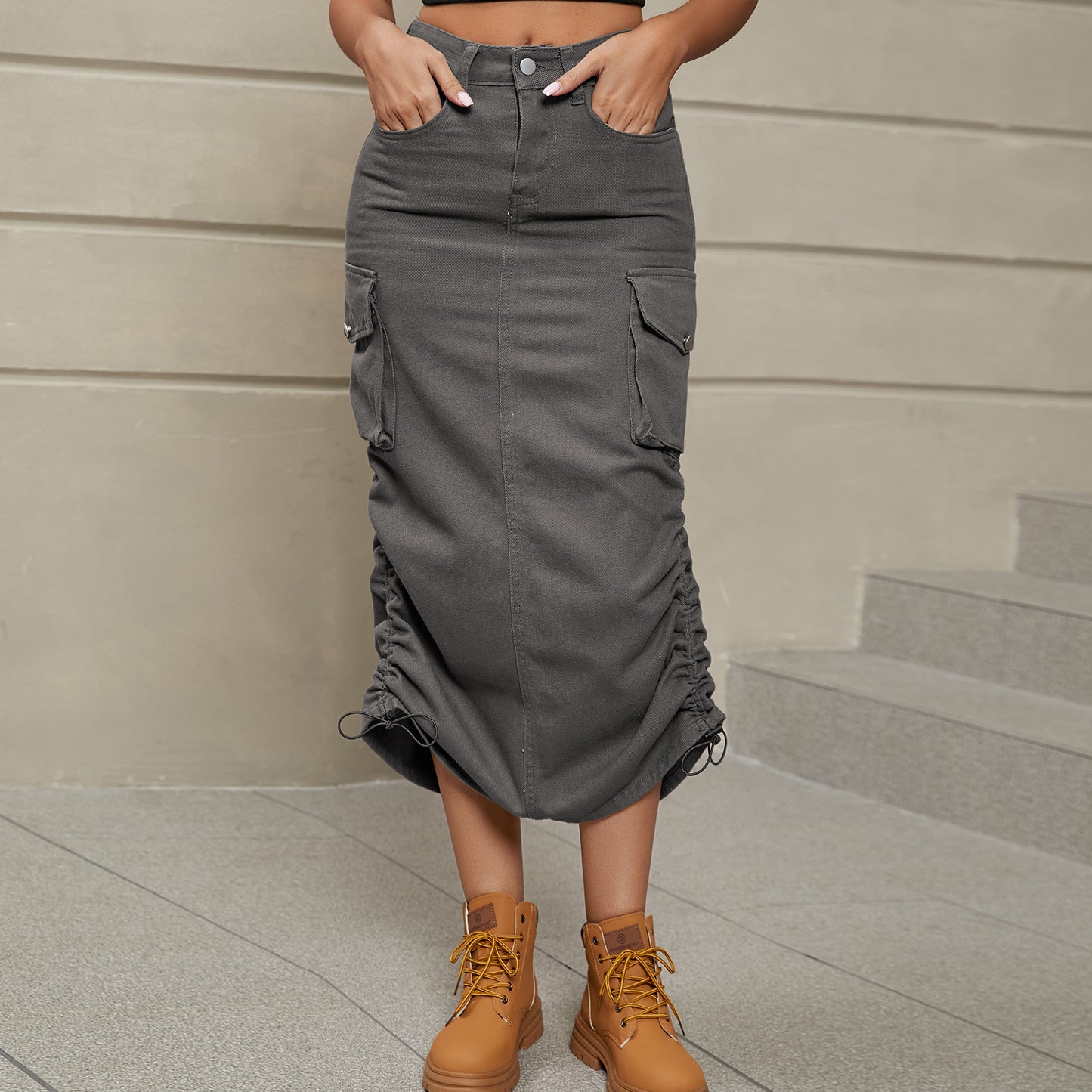 drawstring ruched slit denim midi skirt