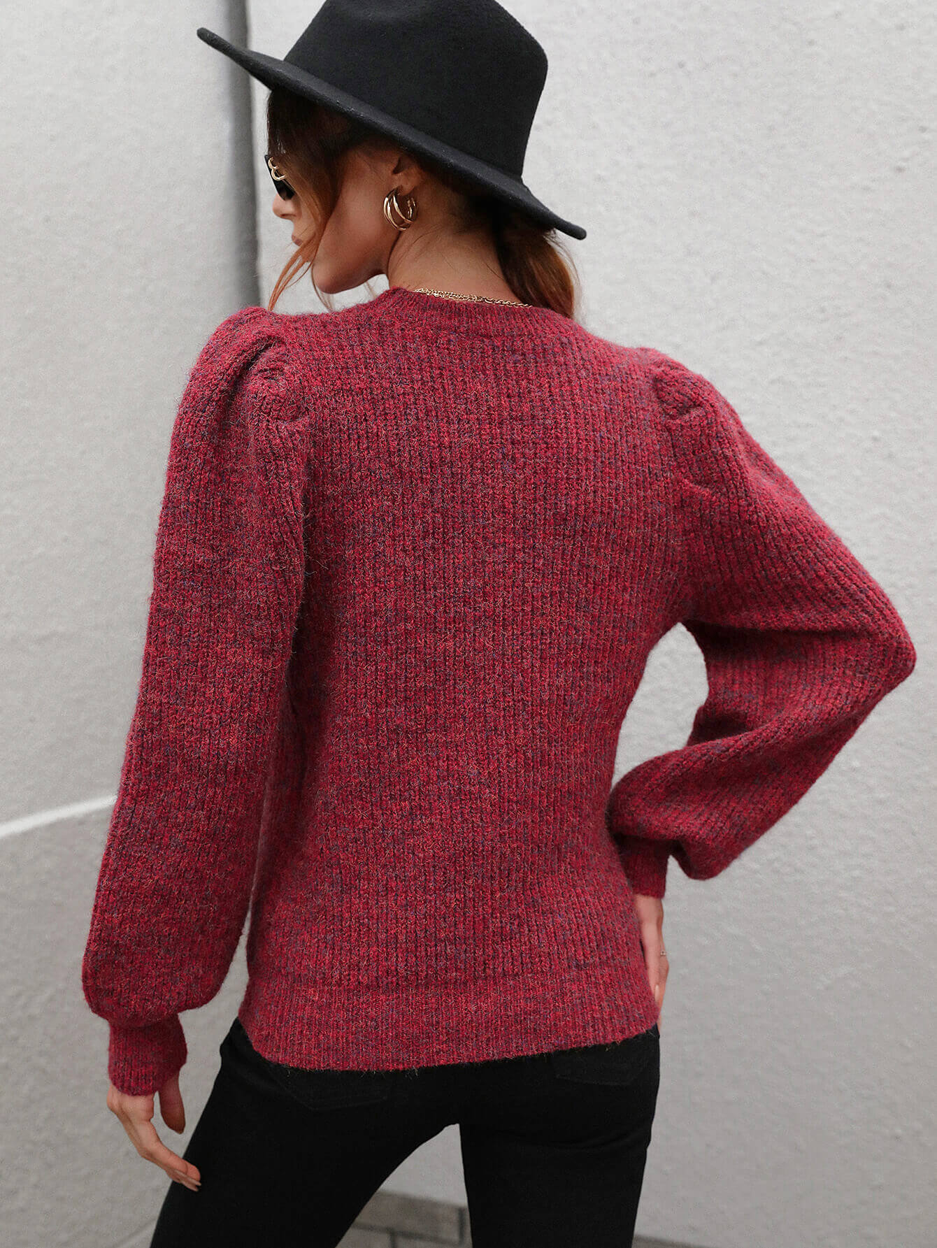 woven right heathered long lantern sleeve rib-knit sweater