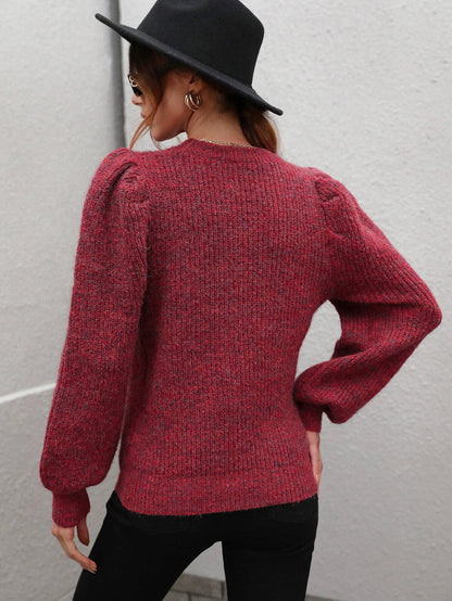 Woven Right Heathered Long Lantern Sleeve Rib-Knit Sweater