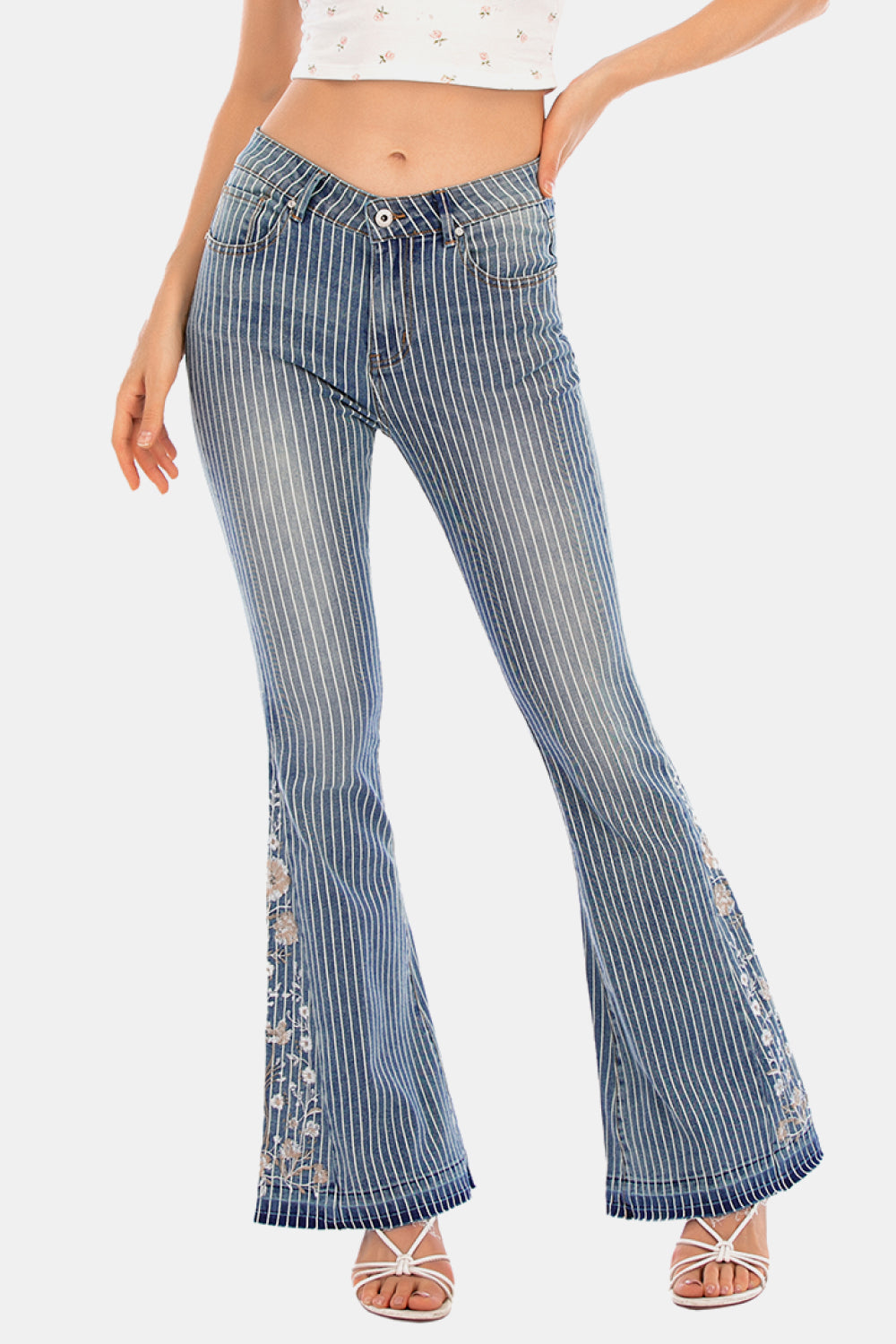 full size flower embroidery wide leg jeans