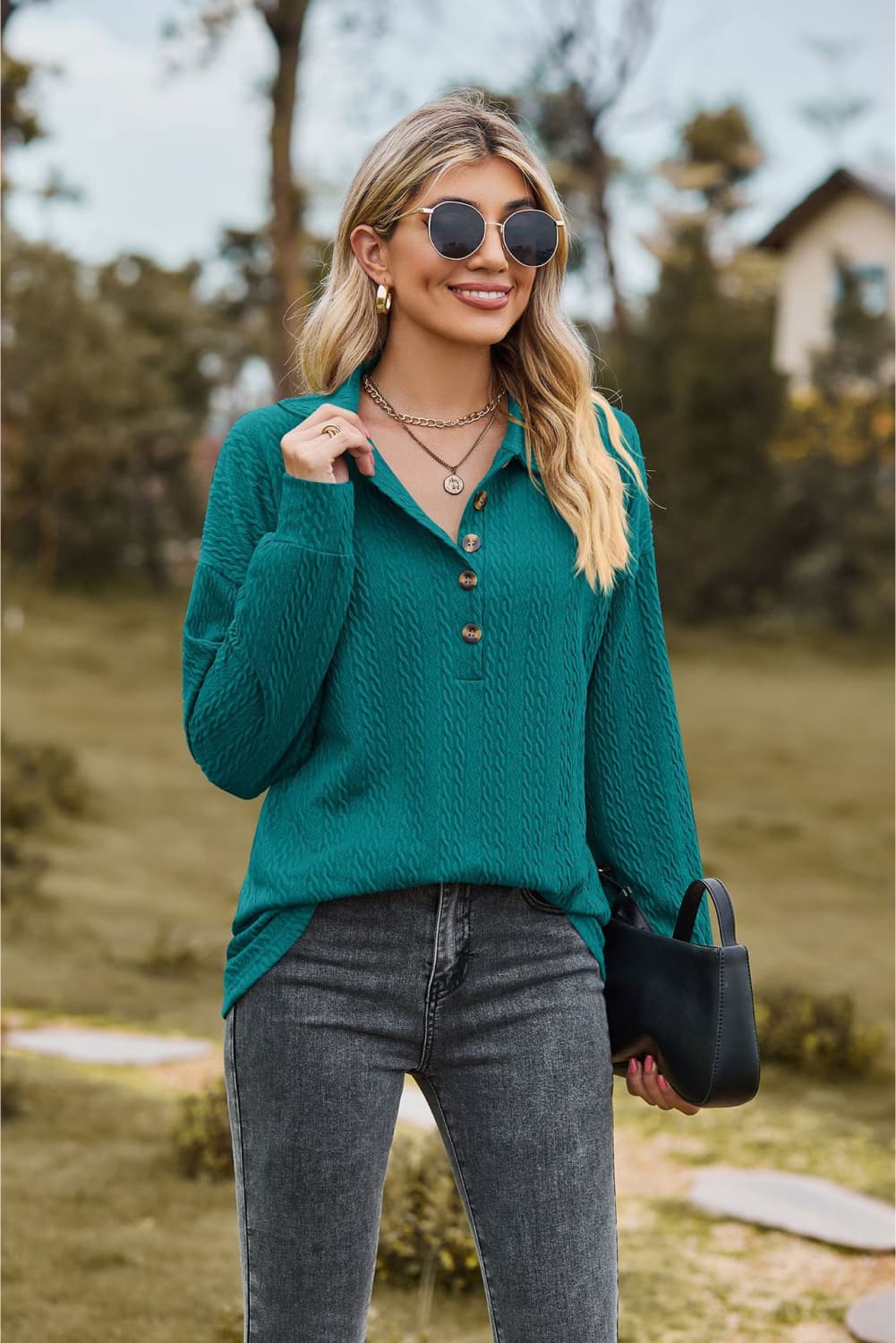 collared neck long sleeve blouse