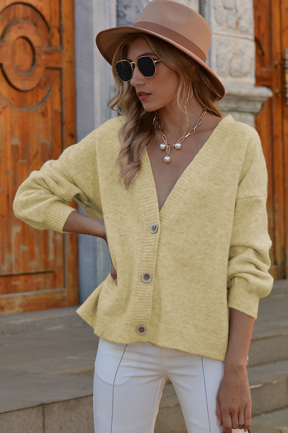 v-neck button-down dropped shoulder cardigan