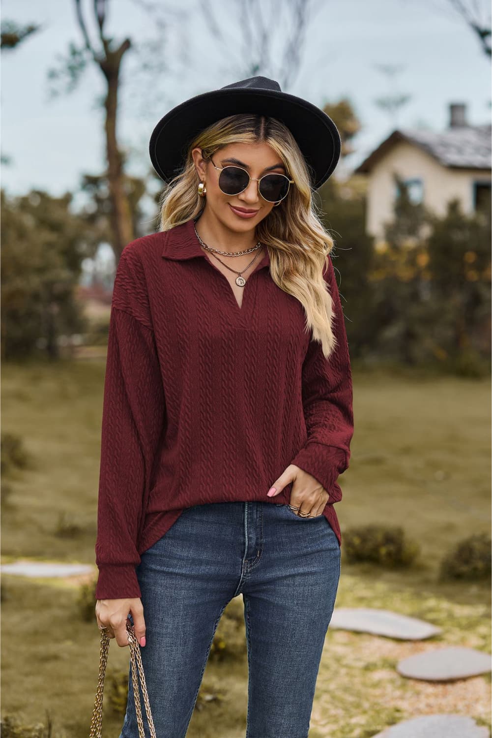 collared neck cable-knit long sleeve blouse