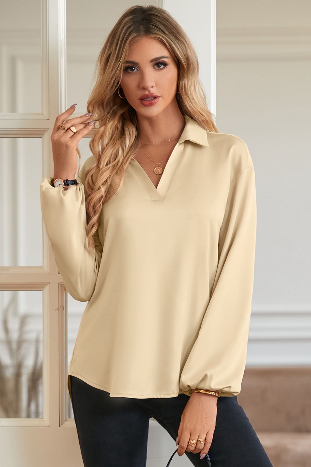 johnny collar lantern sleeve blouse