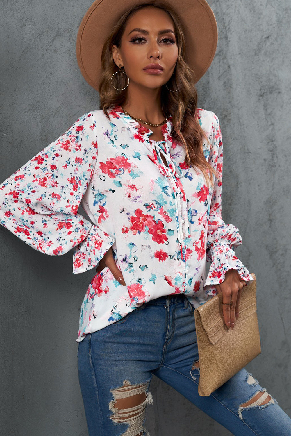 floral frill trim tie neck flounce sleeve blouse