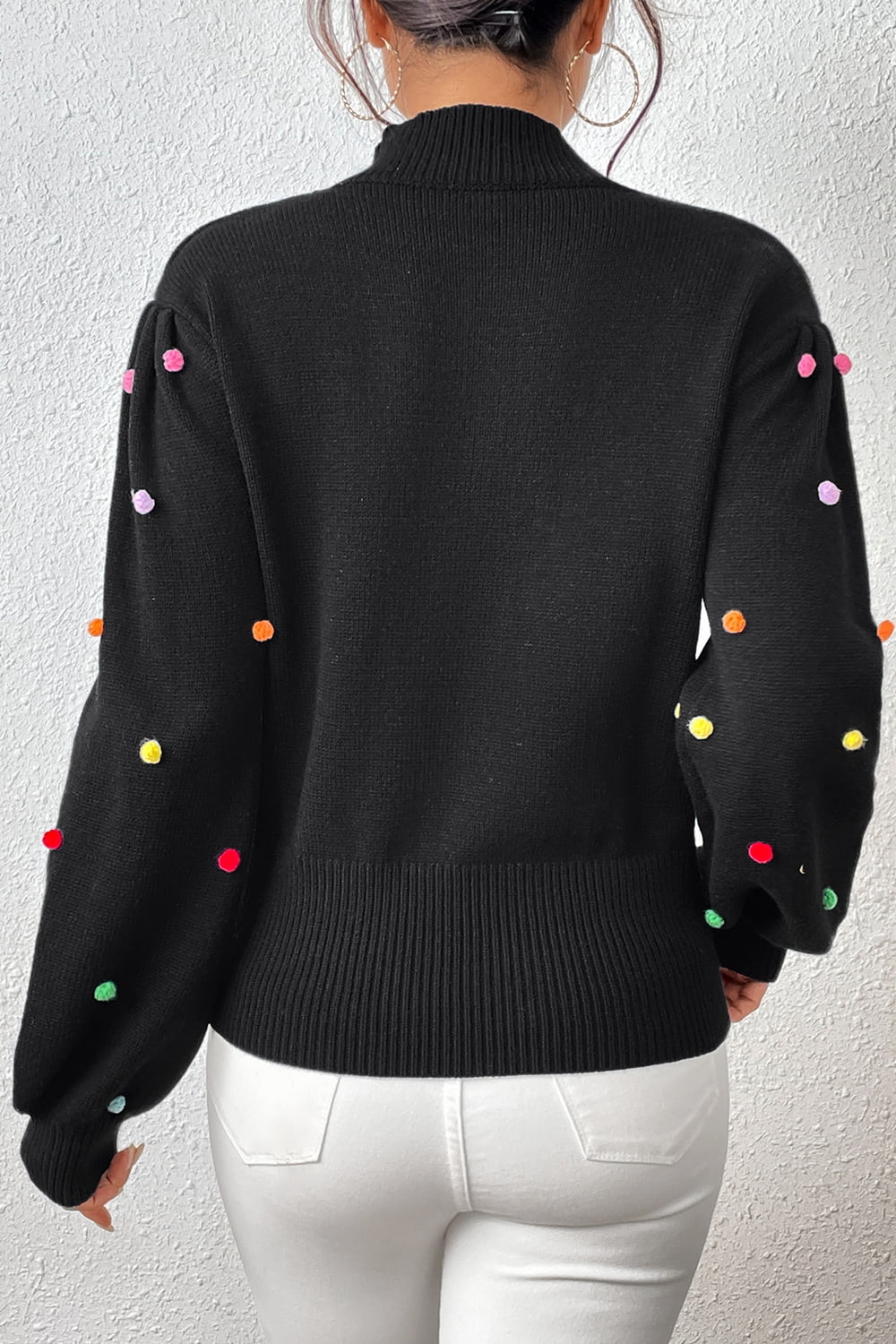 pom-pom trim mock neck long sleeve pullover sweater