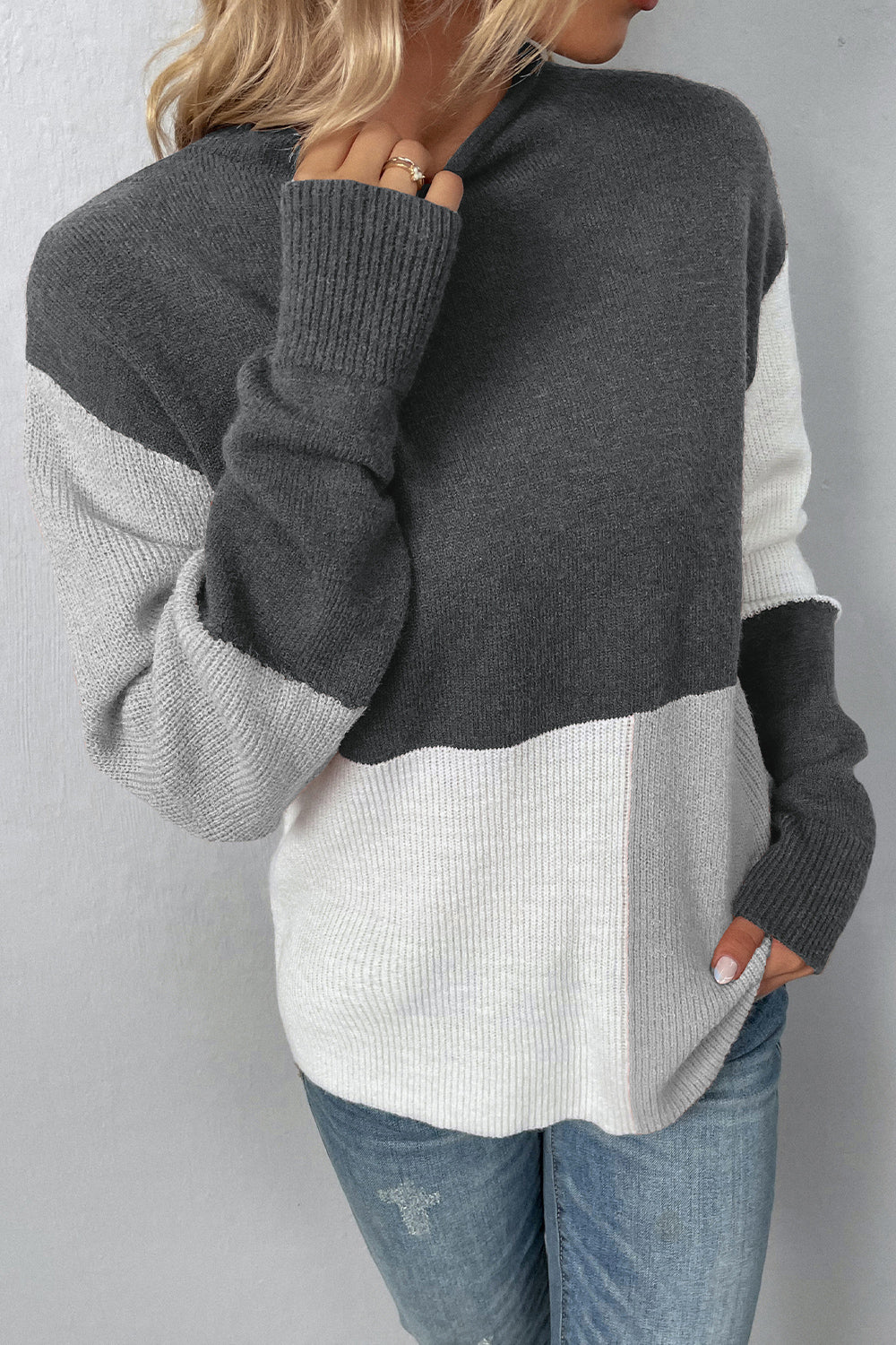 color block round neck dropped shoulder sweater