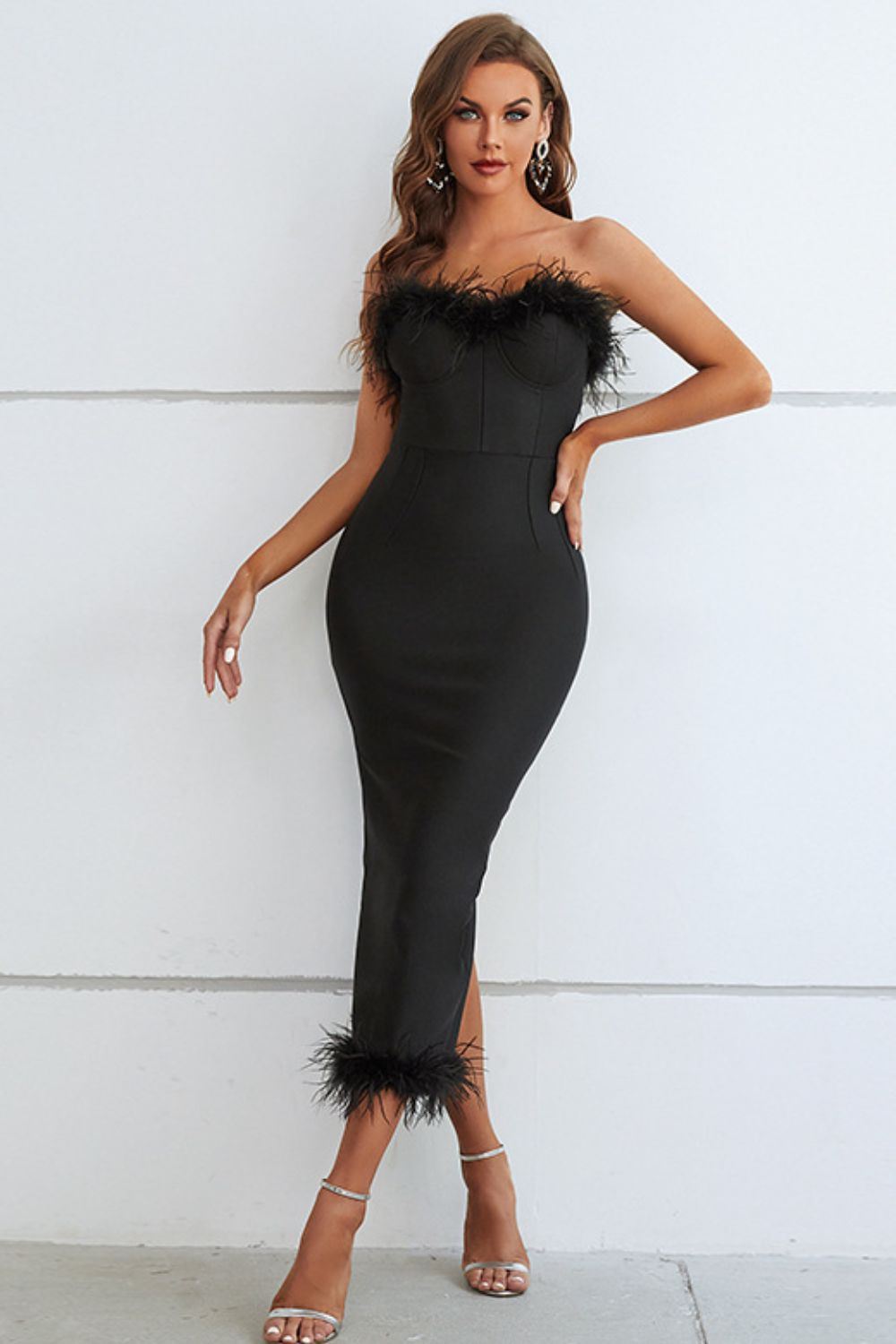 feather trim strapless sweetheart neck dress