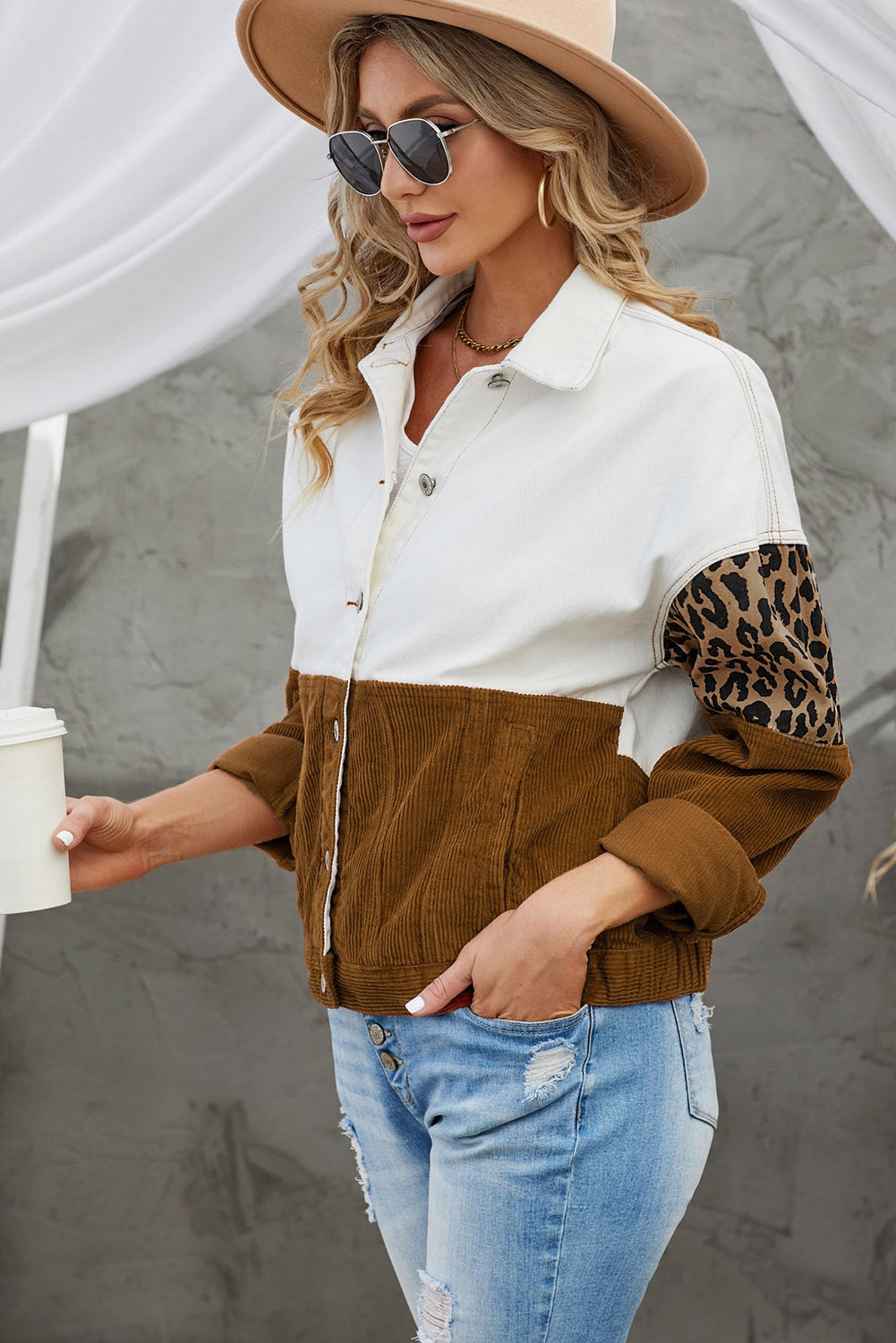 leopard color block button-up corduroy shacket