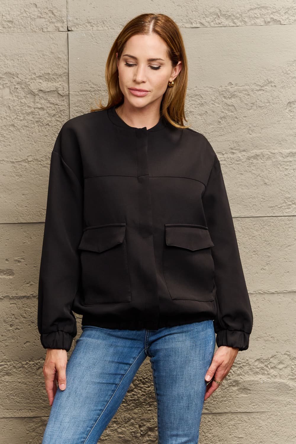 round neck dropped shoulder jacket with pockets