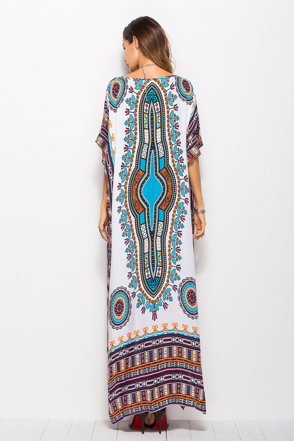 printed v-neck side slit maxi dress