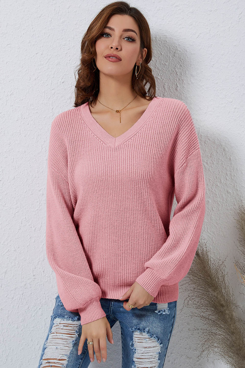 v-neck ribbed dropped shoulder sweater