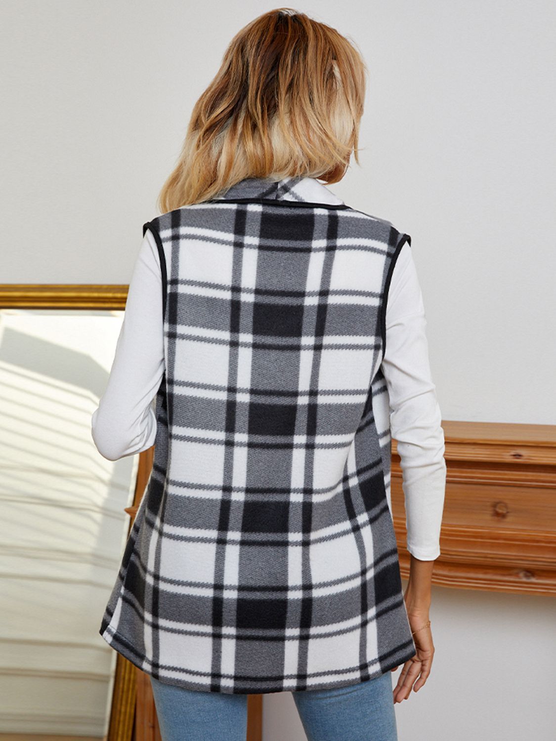 plaid open front vest