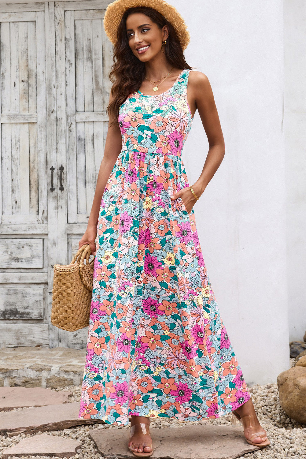 round neck sleeveless maxi dress with pockets