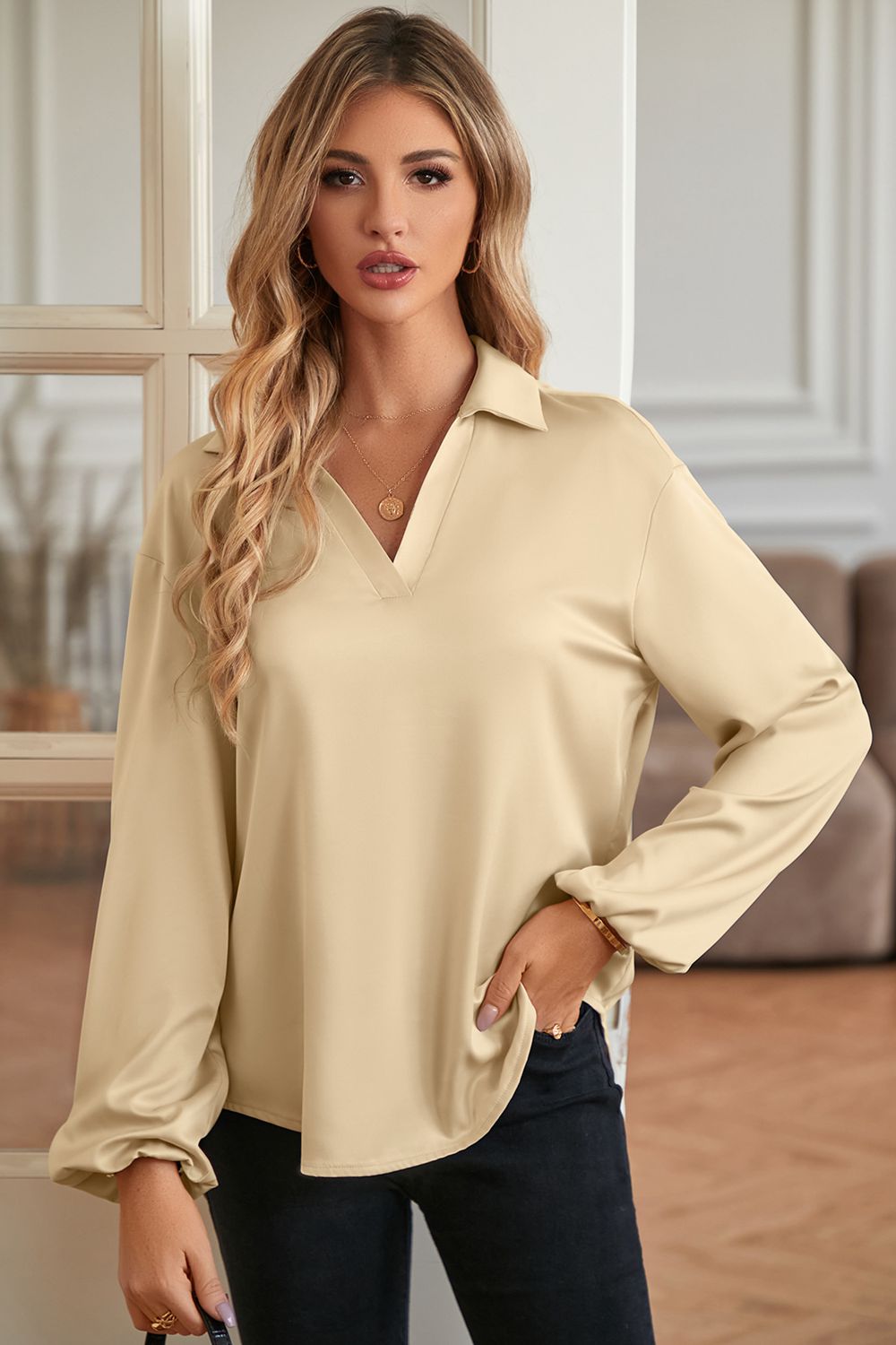 johnny collar lantern sleeve blouse
