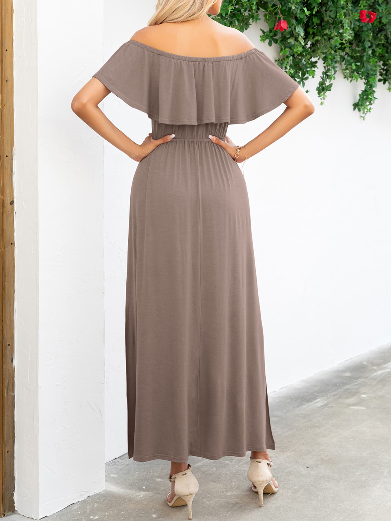 off-shoulder slit maxi dress