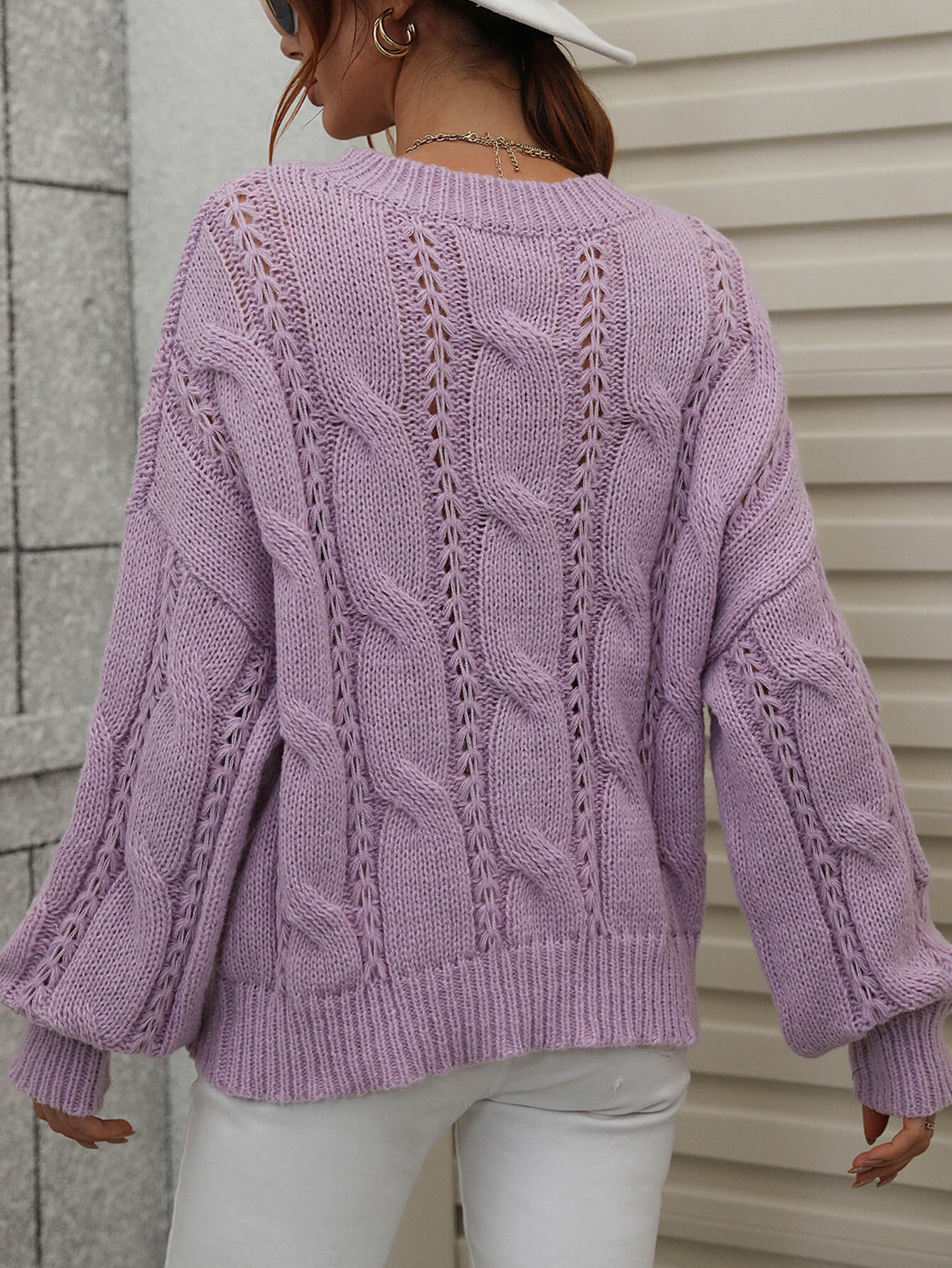 woven right cable-knit openwork round neck sweater