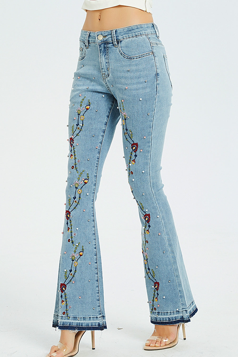 full size flower embroidery wide leg jeans