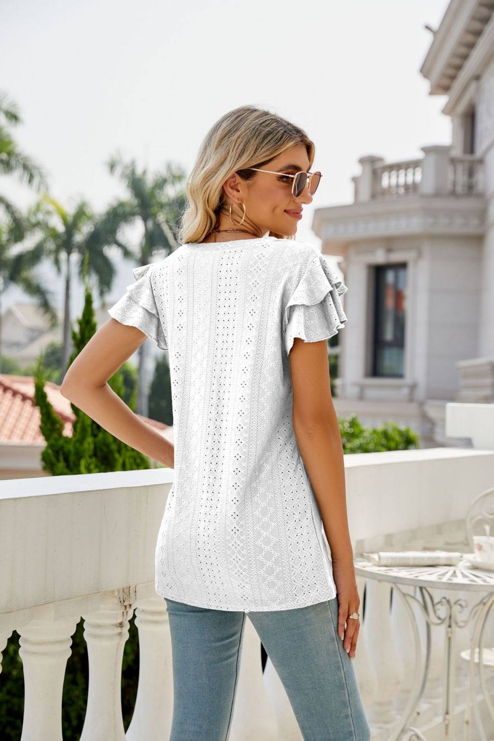 eyelet layered flutter sleeve v-neck top