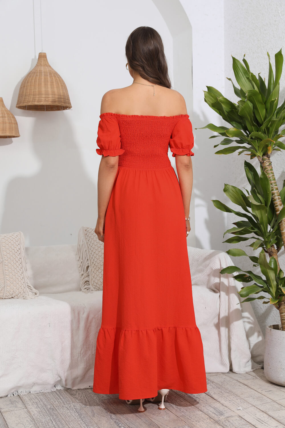 smocked off-shoulder maxi dress