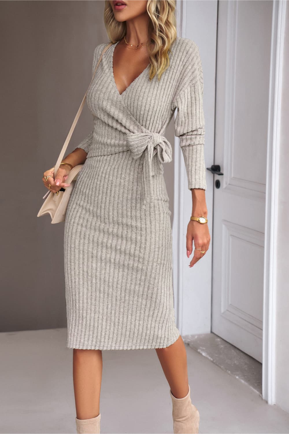 surplice neck tied ribbed dress