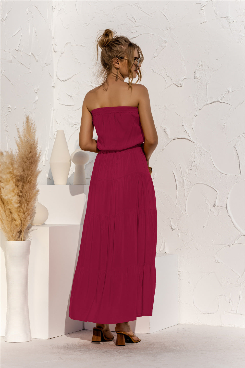 strapless tie waist tiered maxi dress