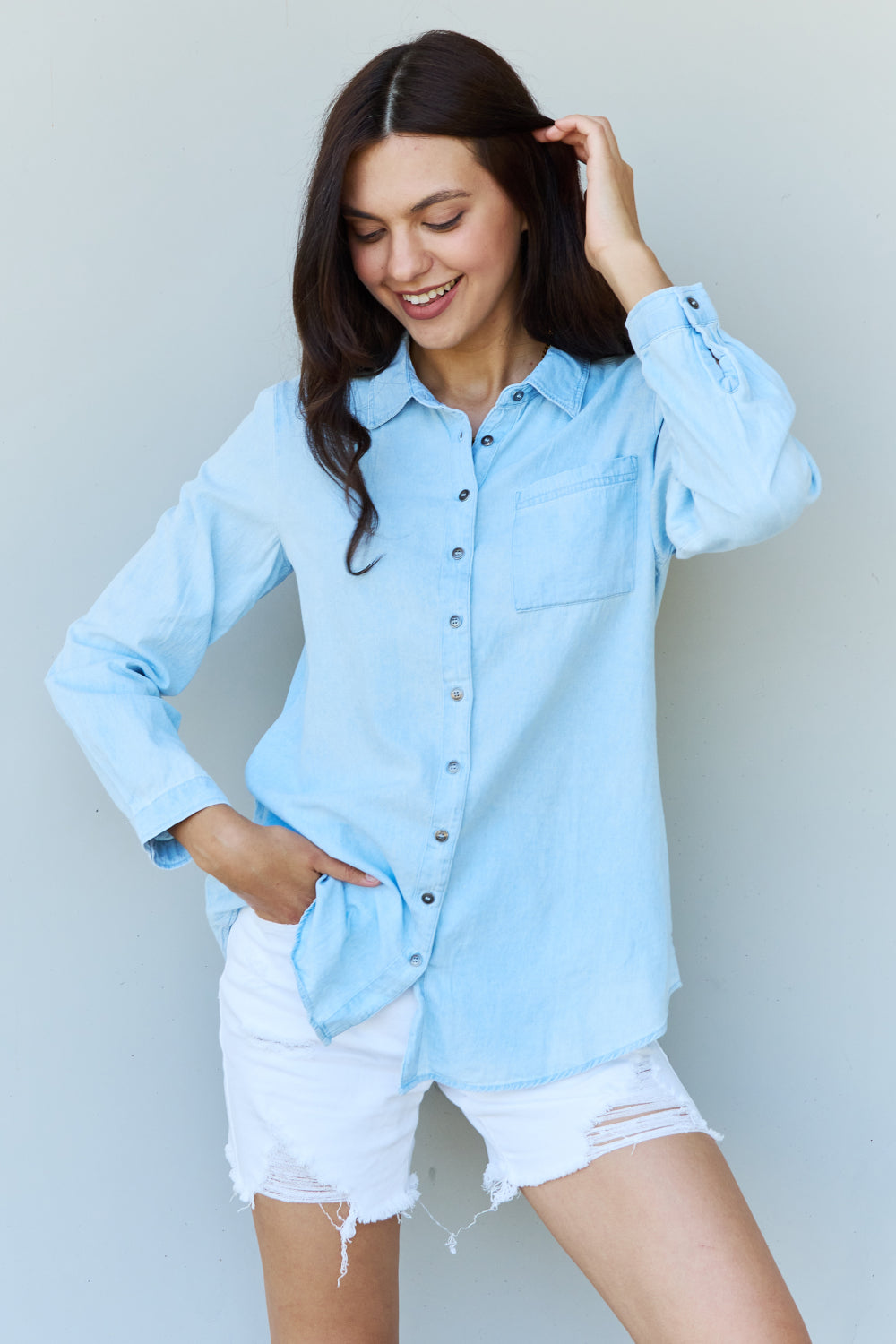 doublju blue jean baby denim button down shirt top in light blue