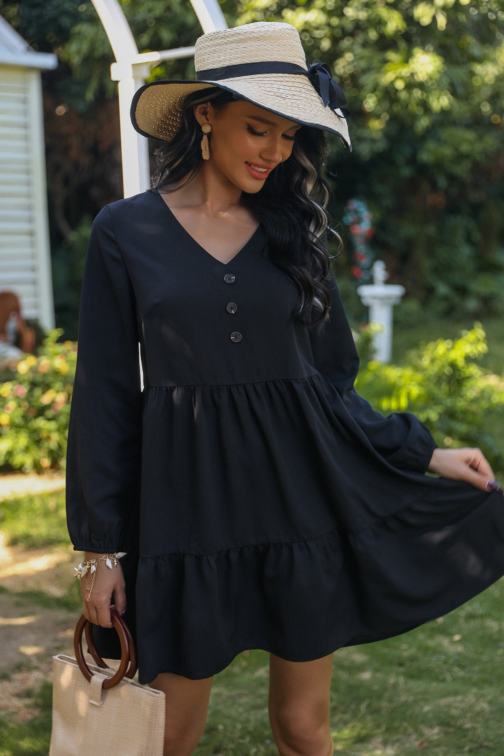 v-neck buttoned long sleeve dress