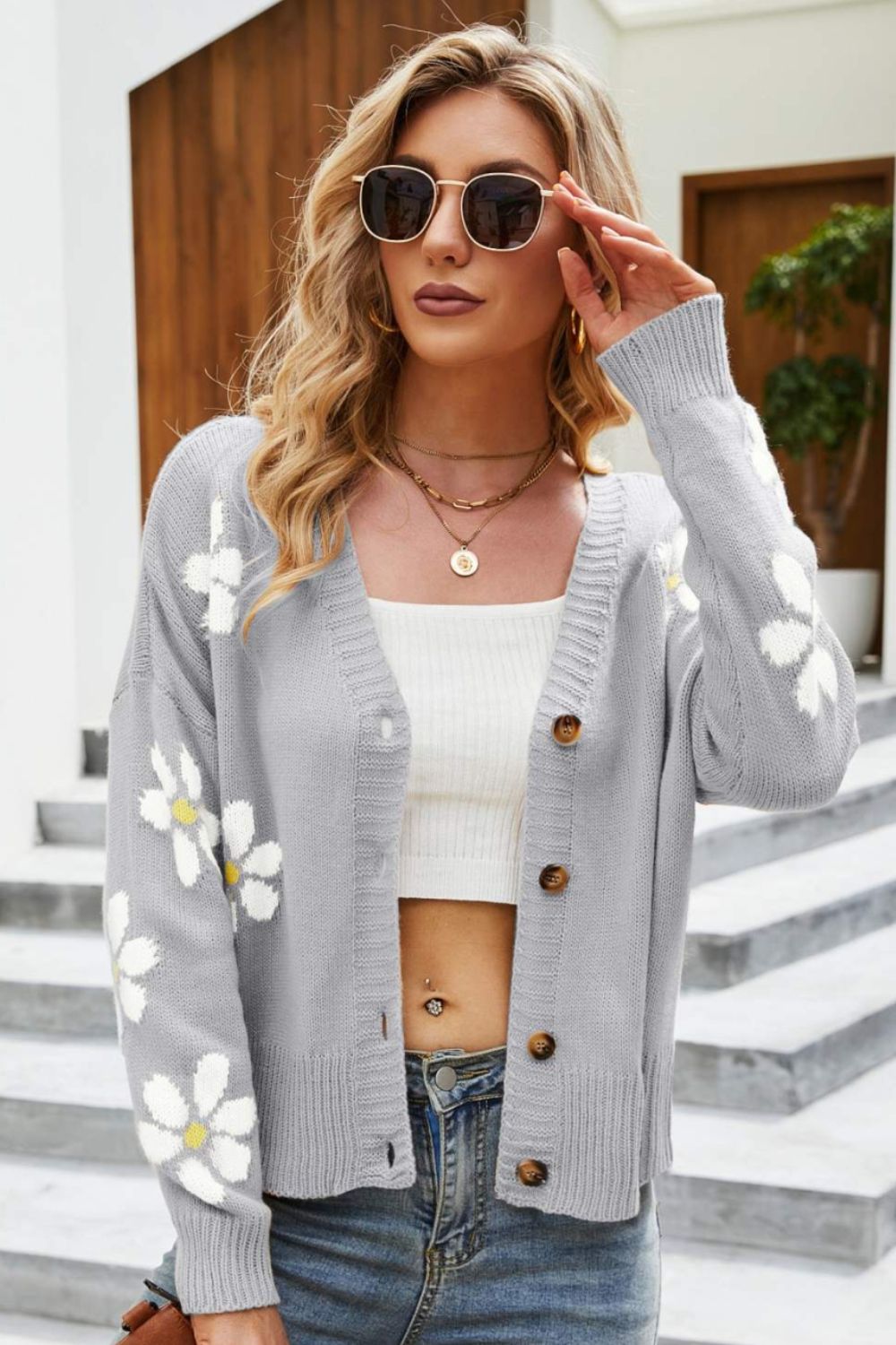 floral ribbed trim drop shoulder cardigan