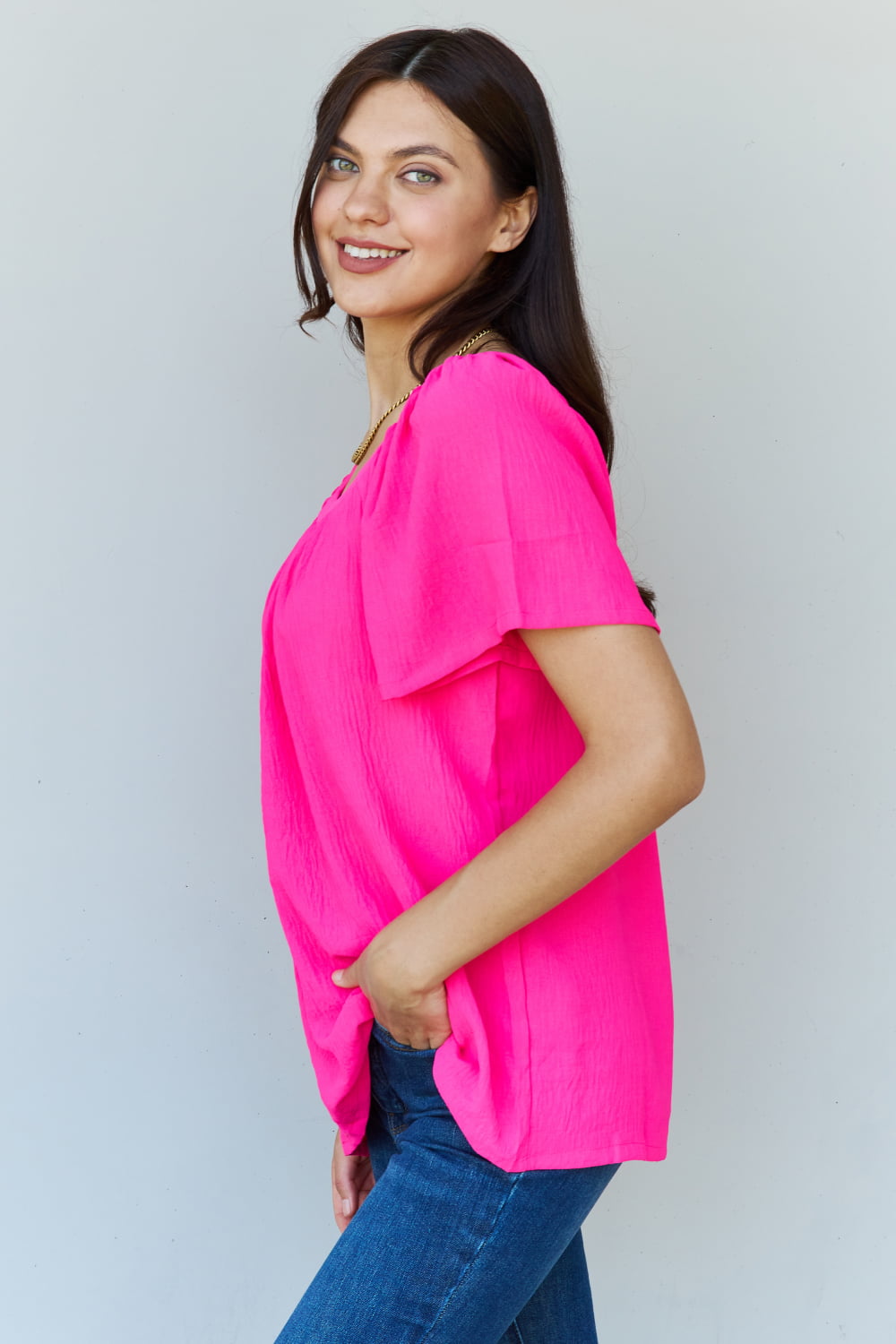 ninexis keep me close square neck short sleeve blouse in fuchsia