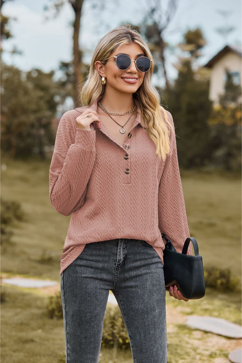 collared neck long sleeve blouse