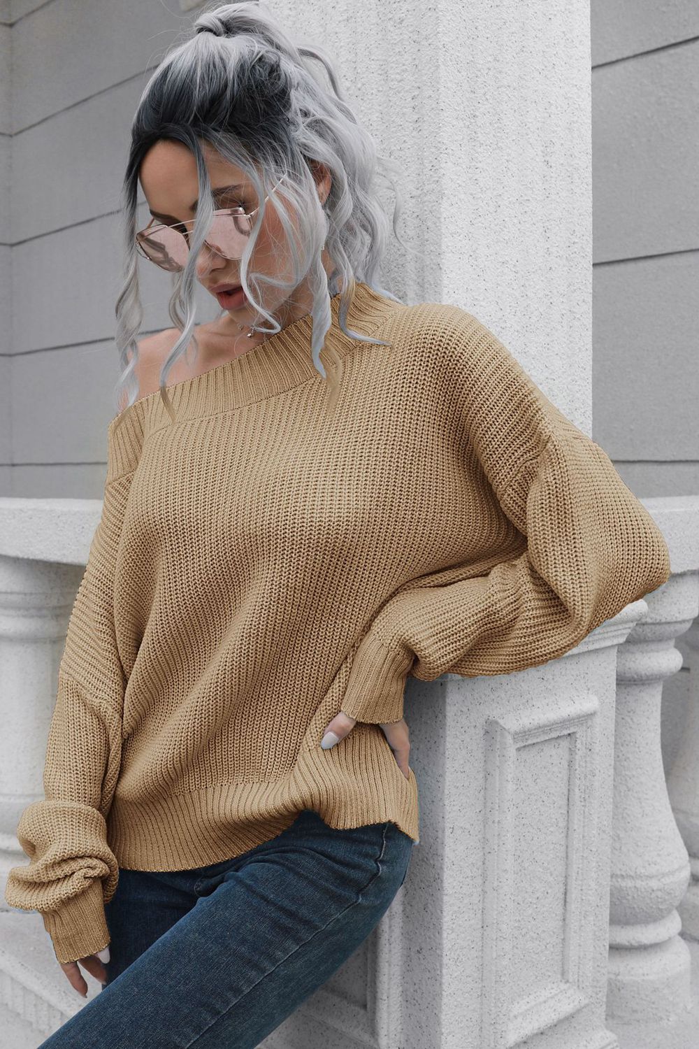 off-shoulder ribbed long sleeve pullover sweater