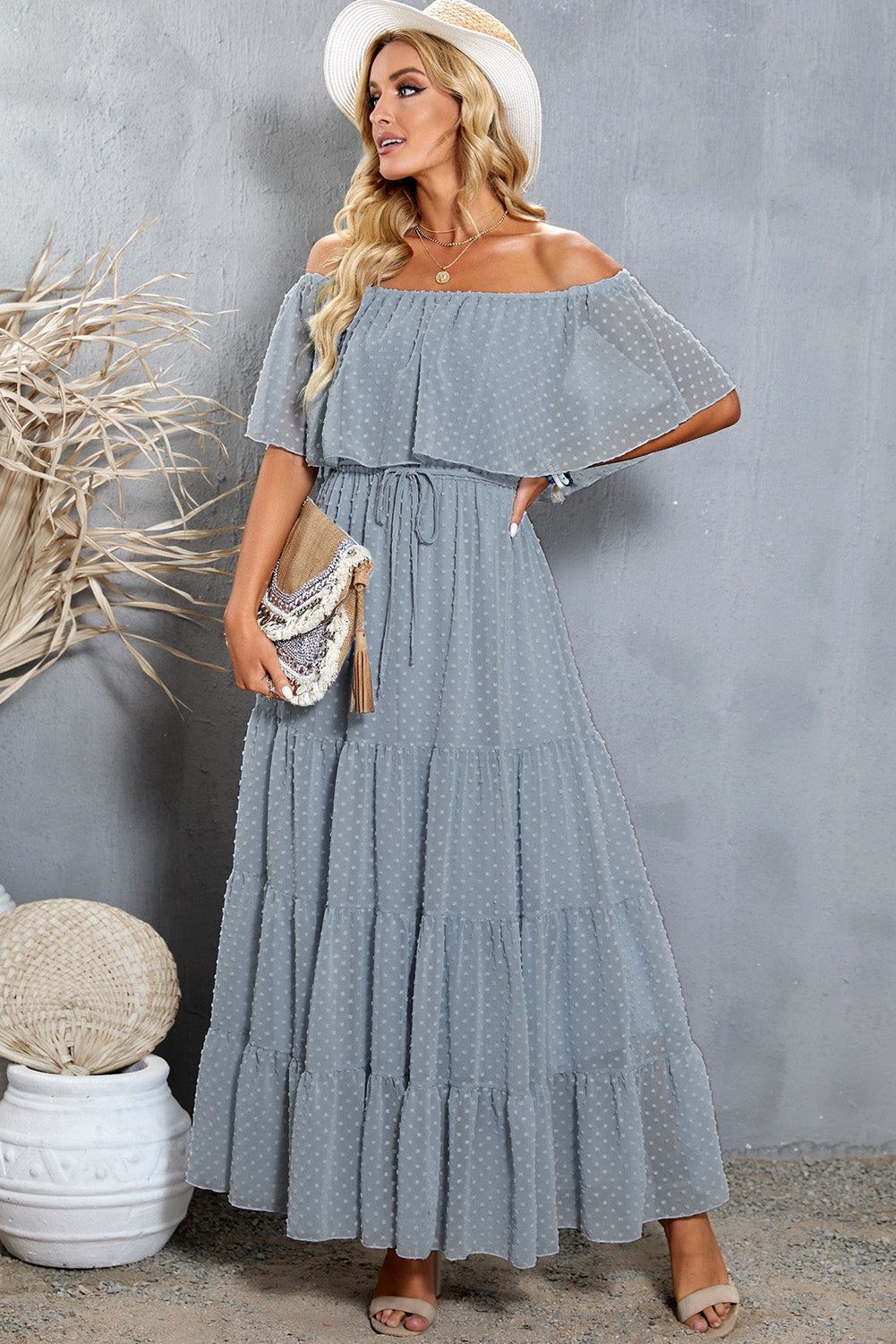 swiss dot off-shoulder tiered maxi dress