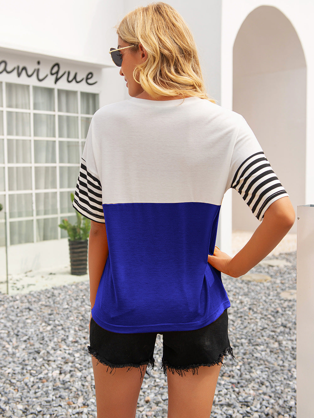 striped color block round neck tee