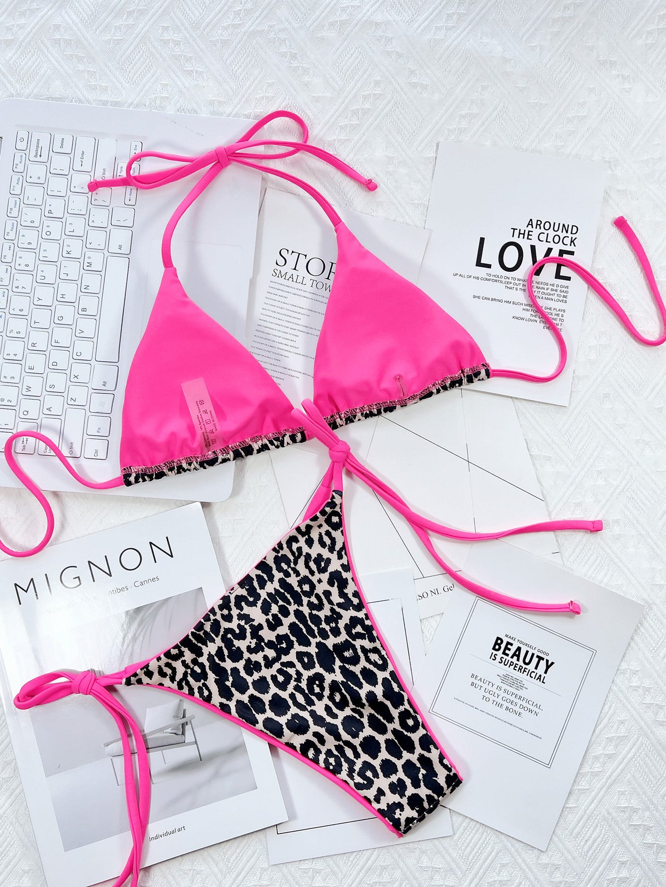leopard print halter neck tie side bikini set