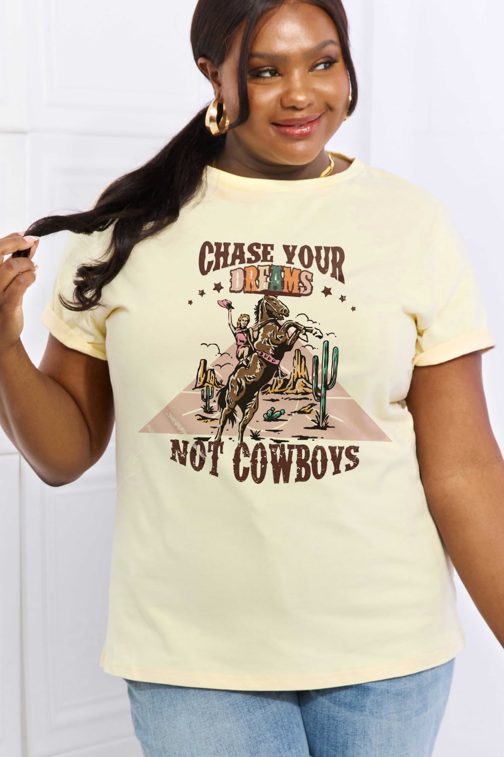 simply love full size chase your dreams not cowboys graphic cotton tee