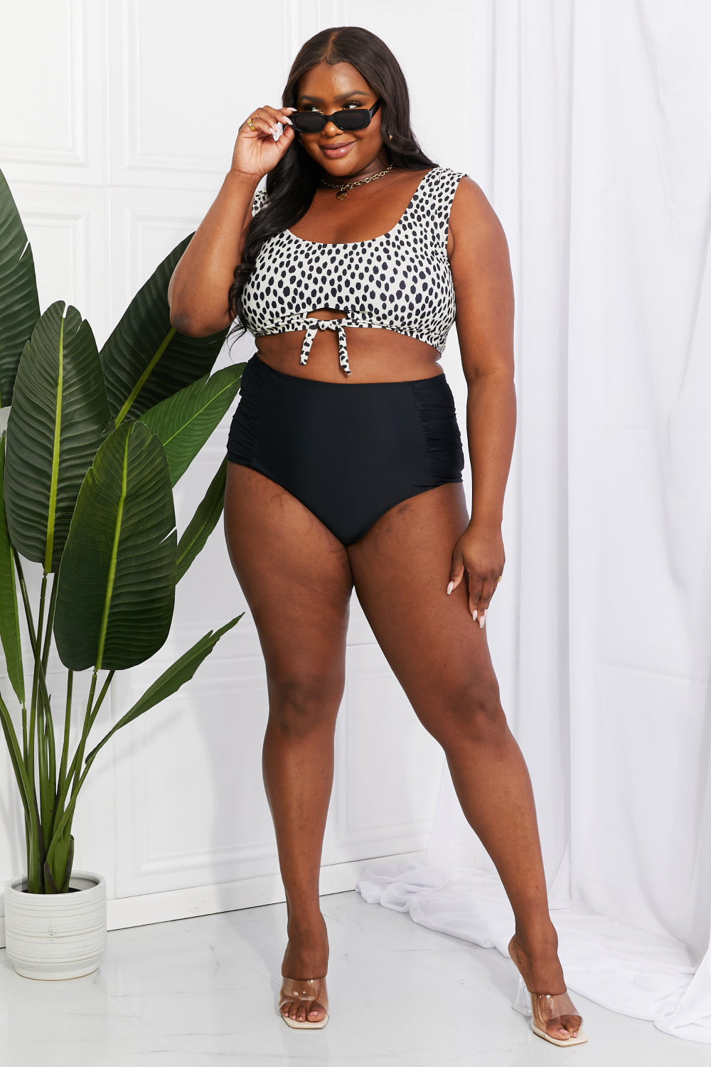 marina west swim sanibel crop swim top and ruched bottoms set in black