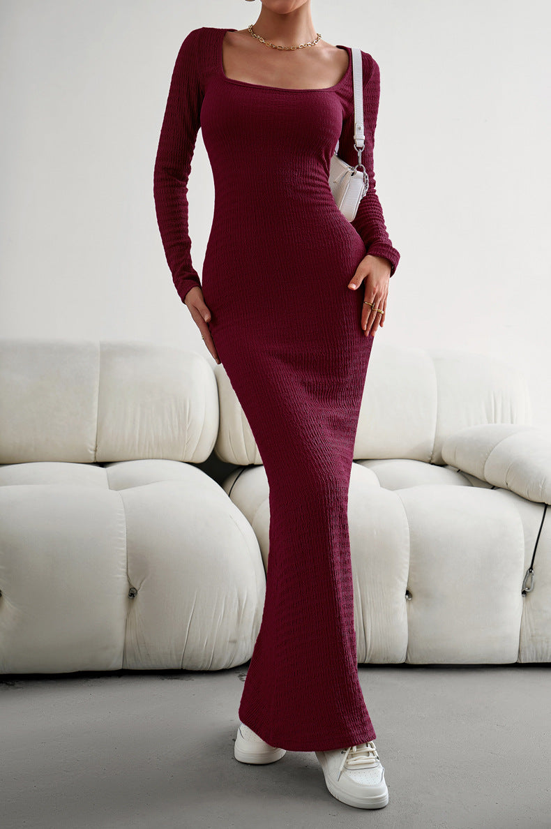 long sleeve square neck maxi bodycon dress