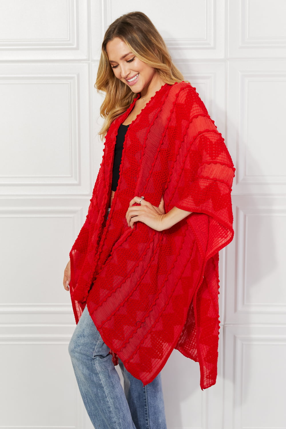 justin taylor pom-pom asymmetrical poncho cardigan in red