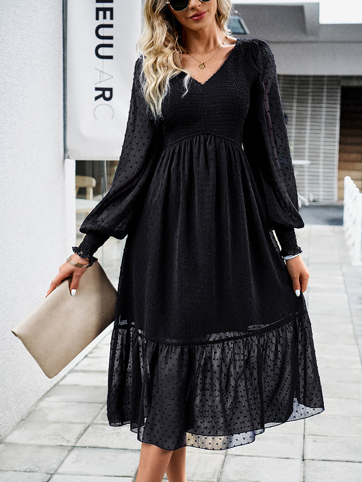 swiss dot v-neck flounce sleeve midi dress