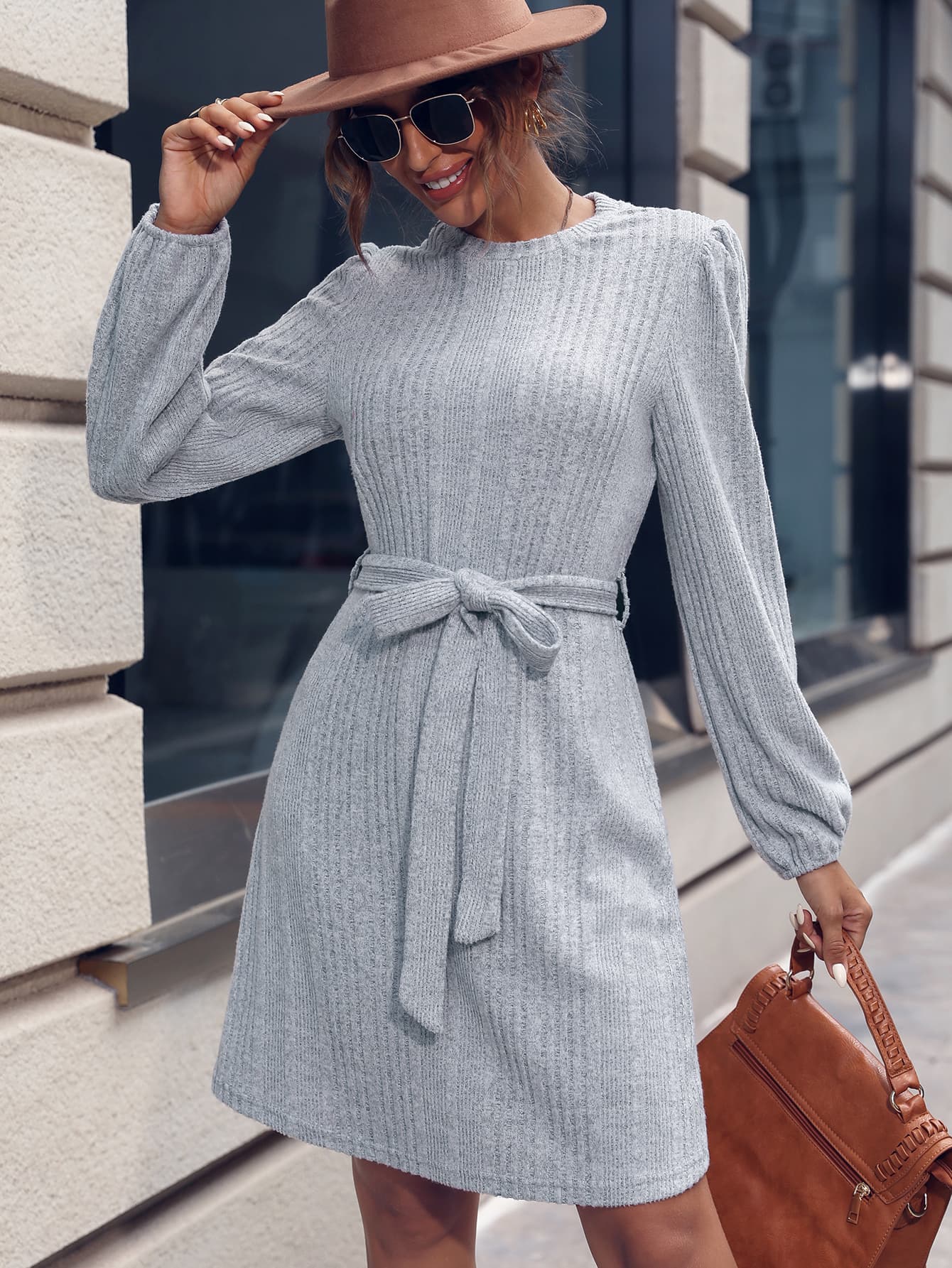 tie waist puff sleeve round neck mini dress