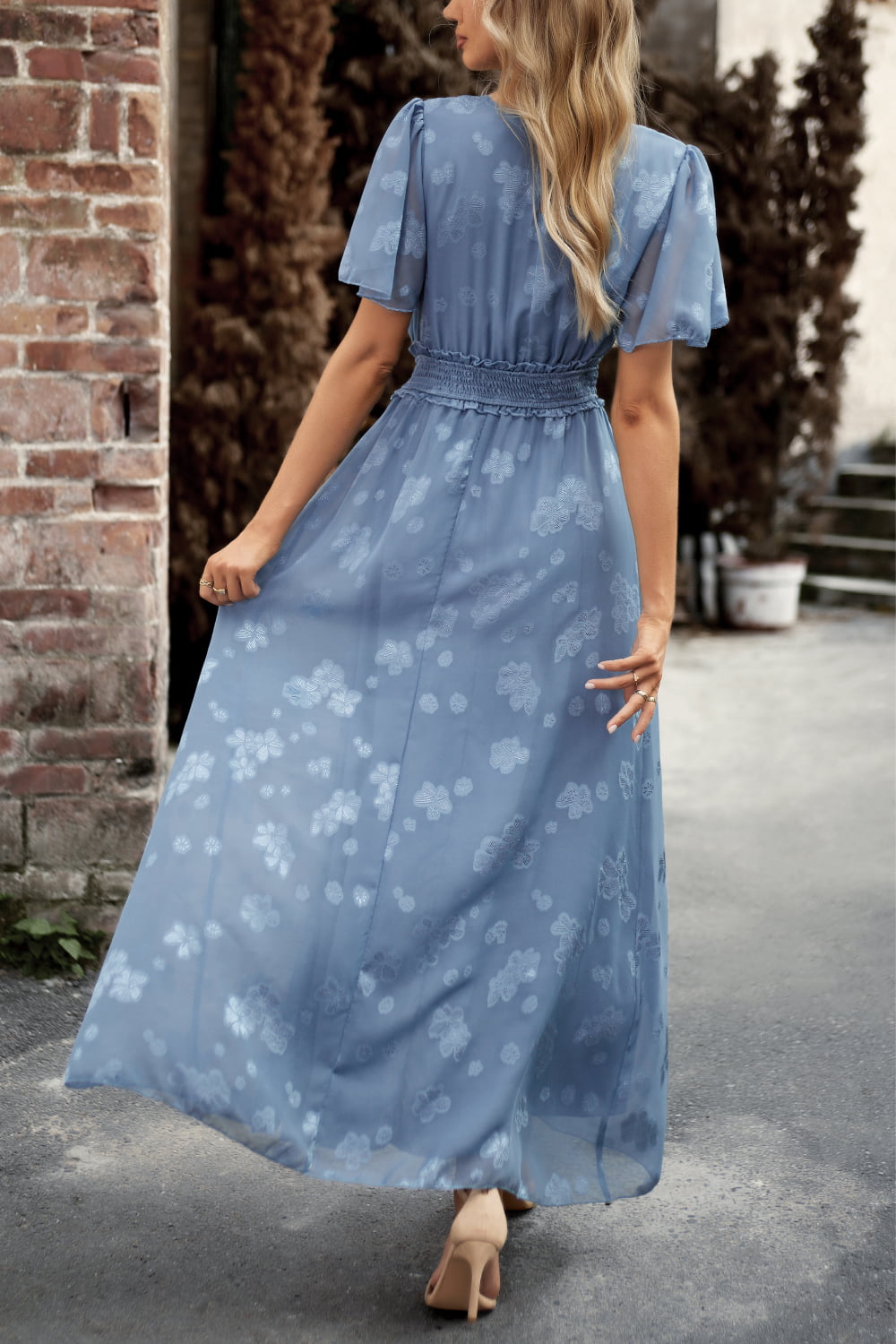 floral print v-neck smocked waist high slit maxi dress