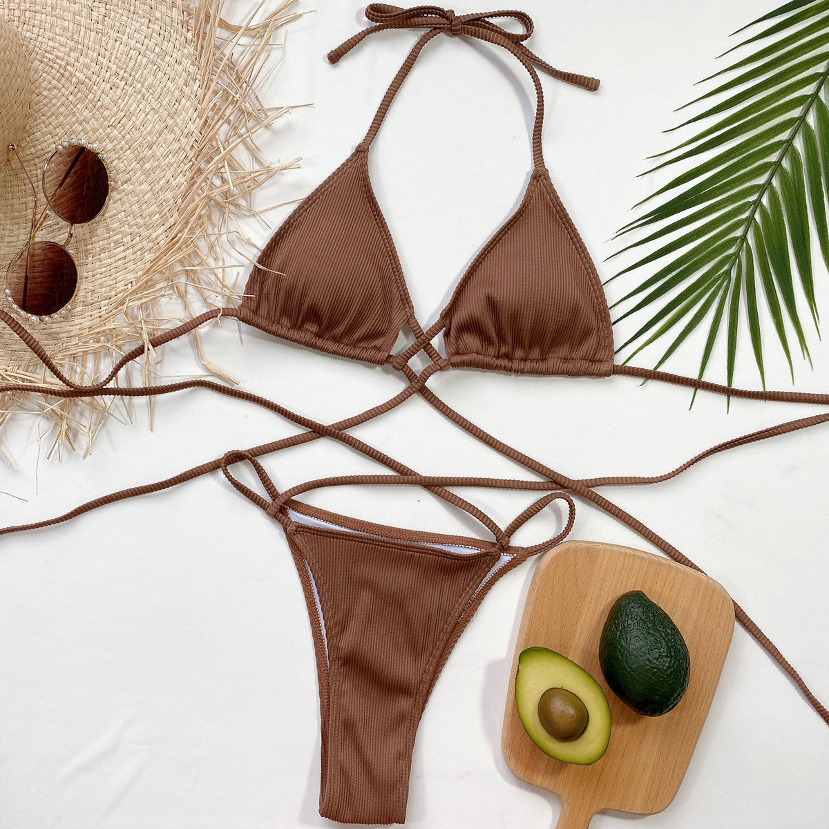 halter neck crisscross ribbed bikini set