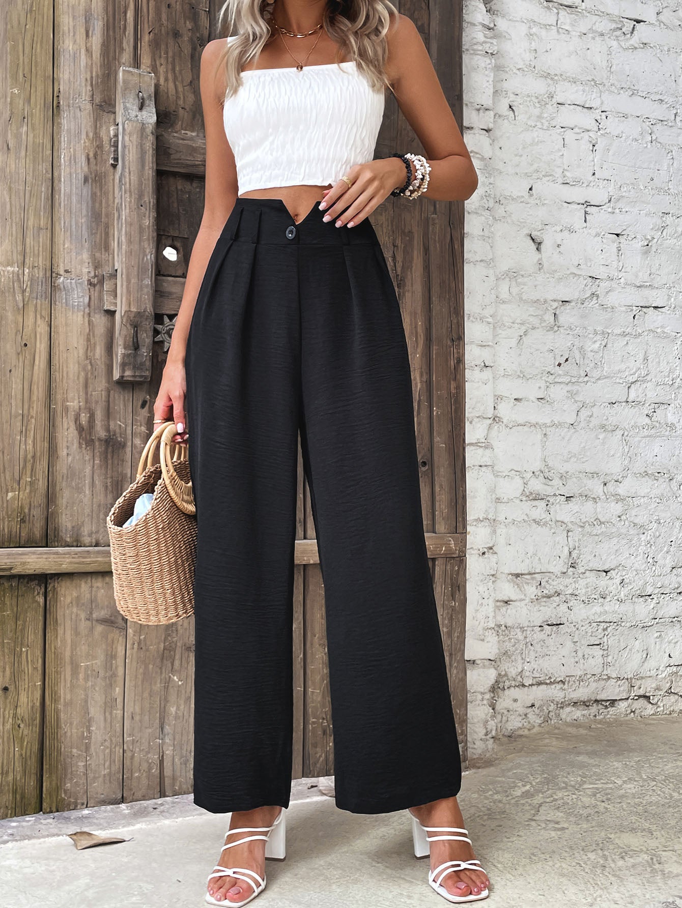 ruched high waist straight leg pants